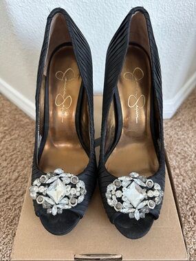 Jessica Simpson Black Satin Peep-Toe Heels with Crystal Brooch - Size 6